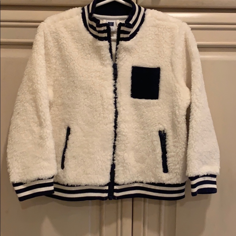 Janie and Jack white fleece jacket with navy trim